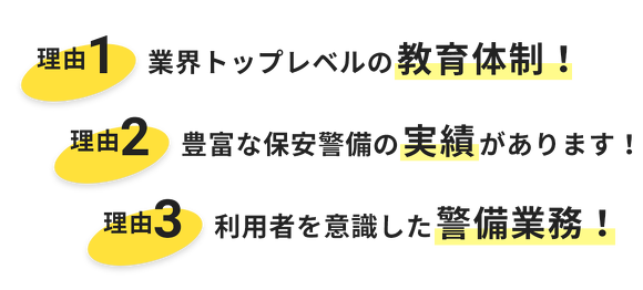 理由1業界トップレベルの教育体制！理由2豊富な保安警備の実績があります！理由3利用者を意識した警備業務！